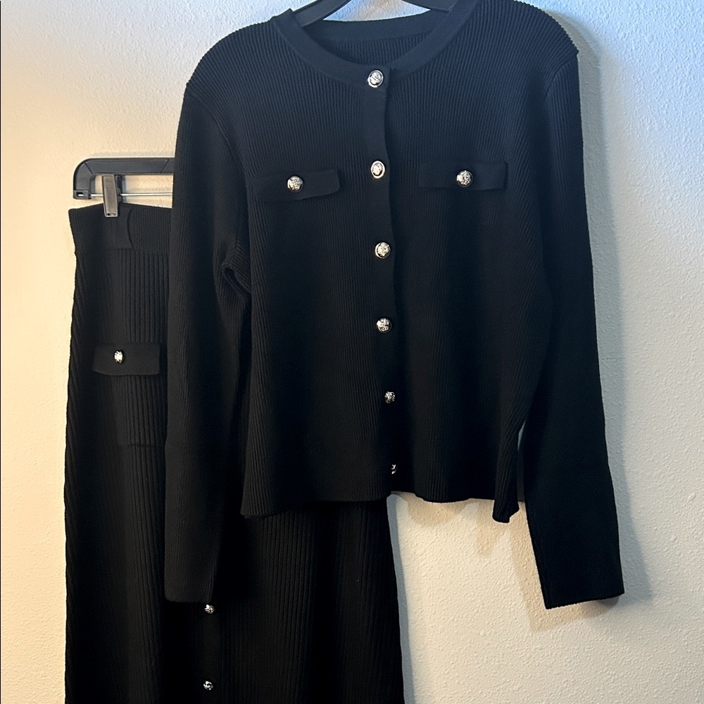 Chic Black Women's Skirt Set with Button Accents